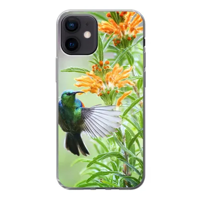 Produktbild von MuchoWow® Handyhülle Schutzhülle Hülle für iPhone 12 Nahaufnahme eines bunten Vogels neben Pflanzen mit orangefarbenen Blüten Silikon Softcase Handy Hülle - Schutzhülle
