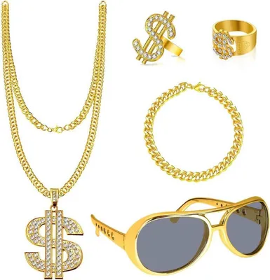 A collection of gold-colored hip-hop accessories, including a necklace with a dollar sign pendant, a bracelet, two rings with dollar sign designs, and a pair of gold-rimmed sunglasses with gray lenses, all arranged against a white background.