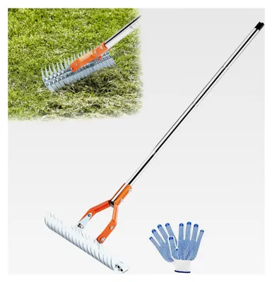 Produktbild von Rasenrechen, 15 Zoll, Hochleistungs-Vertikutierrechen mit Handschuhen, 64 Zoll vielseitiger Grasrechen für die Reinigung von verdorrtem Gras im Garten