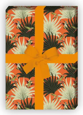 Produktbild von Tropisches Retro Geschenkpapier mit Palmwedeln & Kolibris, orange - G11584, 32 x 48cm