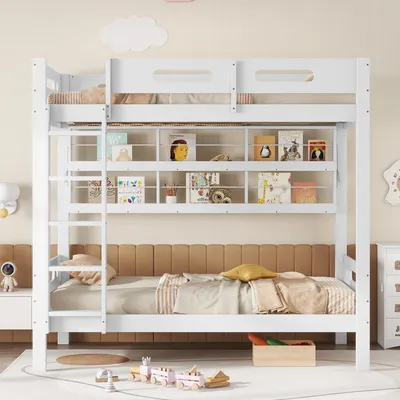 A white bunk bed with shelves is shown in a child's bedroom.