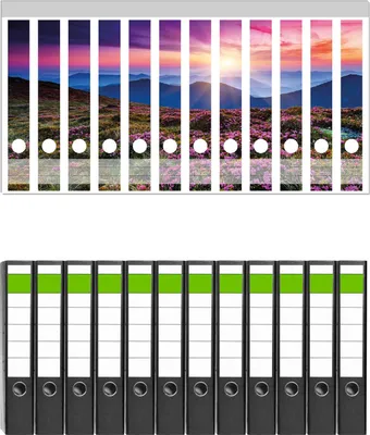 Produktbild von Wallario 12 Stück schmale Ordner inkl. Klebeetiketten mit Motive Blumenbedeckte Wiese bei Sonnenuntergang -  Set mit Rückenschildern / Ordnerrücken Stickern