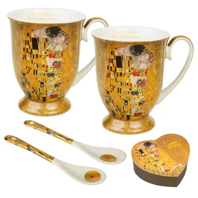 Image de Tasses à café avec cuillères pour deux personnes Tasses en porcelaine Le baiser de Gustav Klimt Coffret cadeau Idée cadeau Lot de 2 250 ml