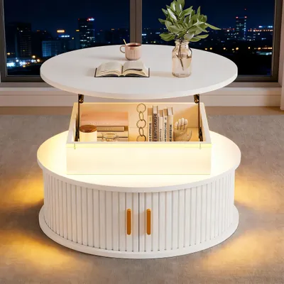 Produktbild von okwish Runder Couchtisch mit LED, höhenverstellbarer Tischplatte und zwei Rolltüren,Kaffeetisch,Sofatisch mit verstecktem Stauraum,Weiß