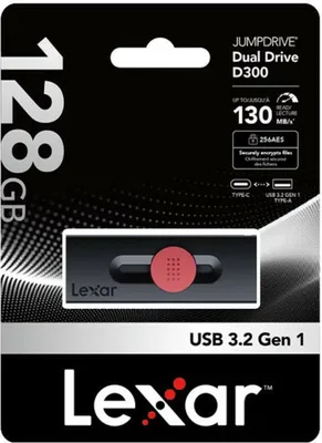 Produktbild von Lexar JumpDrive Dual Drive D300, 128 GB, USB Type-A / USB Type-C, 3.2 Gen 1 (3.1 Gen 1), 130 MB/s, Dia, Schwarz