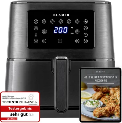 Produktbild von KLAMER Heißluftfritteuse XL 5,5l, Multifunktionale Heissluftfritteuse, ölfreie Fritteuse, 1700W Airfryer