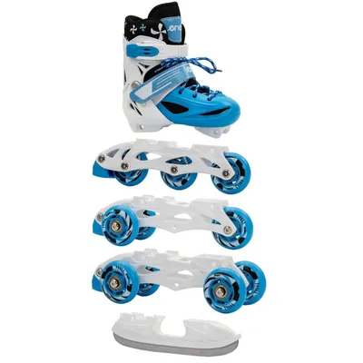 A product image showing inline skates and interchangeable parts for roller skates and ice skates.