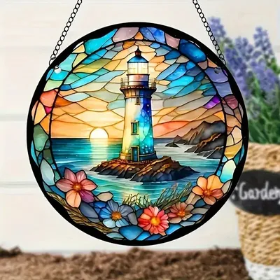 Produktbild von GKA Sonnenfänger Leuchtturm mit Blumen 15 cm Buntglas Lichtfänger Fensterbild Fenster Fensterschmuck Fensterdeko