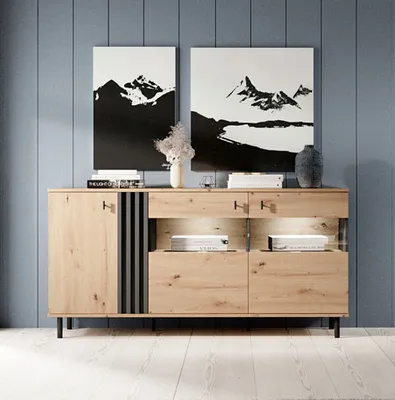 Productafbeelding van Zijtafel, dressoir, buffet met 3 deuren, 165 cm, kleur zand, houtsoort Grange eik, artikelnummer 80144156