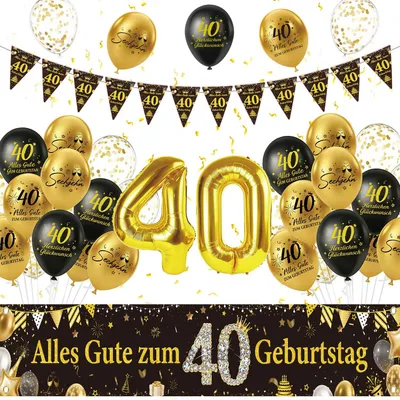 Image de Kit de décoration pour anniversaire - 28 pièces, comprenant une banderole, des ballons et une guirlande de fanions - pour célébrer les 40 ans - noir et or