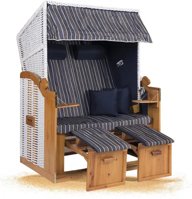 Produktbild von Strandkorb Hanse Ostsee XXL Strandkorb Volllieger 2 Sitzer zerlegt - 120cm breit - Weiß Blau Braun Nadelstreifen, ideal für Garten, Terrasse oder Balkon