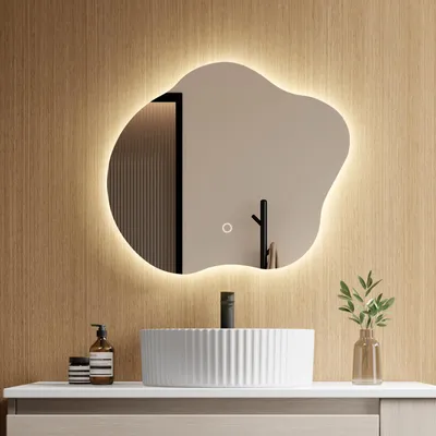 Obrázok produktu pre Kúpeľňové zrkadlo EMKE LED 50 x 45 cm – bez zahmlievania – 3 farby osvetlenia s možnosťou stmievania – dotykový vypínač – kúpeľňové zrkadlo s osvetlením v organickom tvare