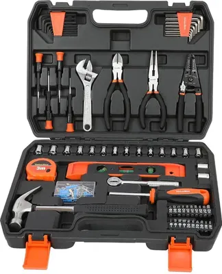 A black toolbox filled with various tools, laid out neatly.