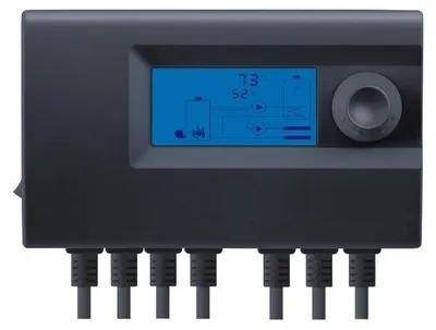 A black electronic control unit with a blue digital display and a rotary dial.