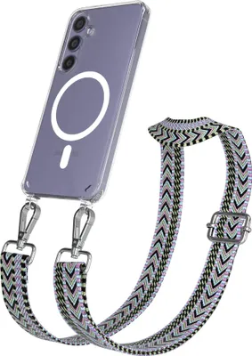 Produktbild von EAZY CASE - Handykette mit MagSafe Hülle für Samsung Galaxy S24, Handyband ZigZag Style,Karabiner Silber, Umhängeband in Lila