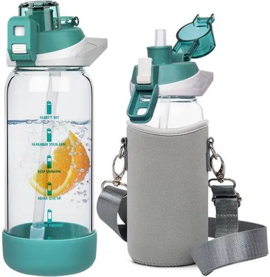 Productafbeelding van 600ml Glazen Waterfles met Rietje en Tijdmarkeringen - BPA Vrij