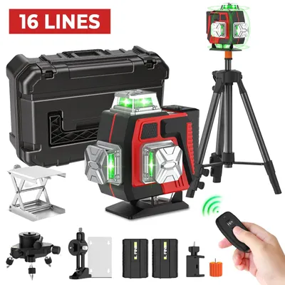 Image de Niveau laser 4D - Laser à 16 lignes croisées - Auto-nivellement 3° - Lignes de 360° pour murs et sols - Trépied de 1 m - Mallette en plastique