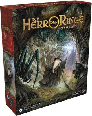 The image shows the box art for a board game, depicting a scene from The Lord of the Rings with Gandalf facing a spider.