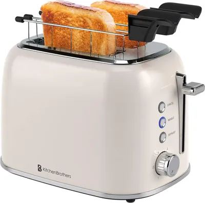 Produktbild von KitchenBrothers Toaster mit Sandwichzangen - Toaster - 6 Bräunungsstufen - Breite Schlitze - Toaster - 870W - Beige