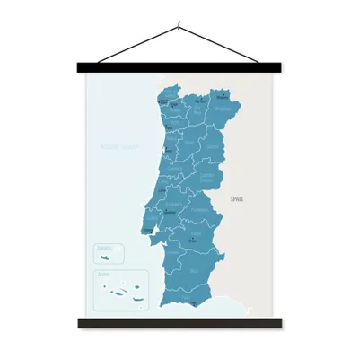 Obrázek produktu pro MuchoWow® Textilní plakát - Modrá mapa Portugalska s provinciemi a hlavními městy - 60x80cm - S černými lamelami