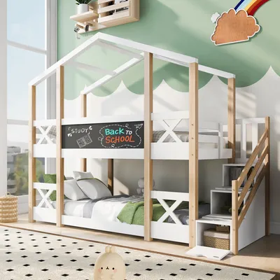 A children's bunk bed with a house-like frame, decorated with a rainbow cloud and a chalkboard.