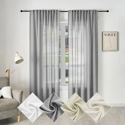 Obrázek produktu pro Průsvitná záclona s vzhledem lnu, s volánovou páskou | Šedá | 135 x 225 cm