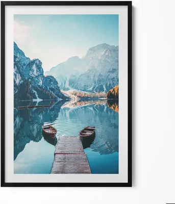 Produktbild von Boote auf dem See– Wandbild mit Rahmen – Gerahmtes Bild  – Wanddekoration – 70x100 cm –  Schwarz Rahmen