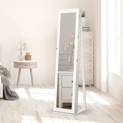 Produktbild von GOPLUS Schmuckschrank mit Ganzkörperspiegel und Tür, Freistehend Schmuckregal, 157,5x38x38cm Schmuckaufbewahrung, Schmuckkasten, Standspiegel, abschließbar, weiß