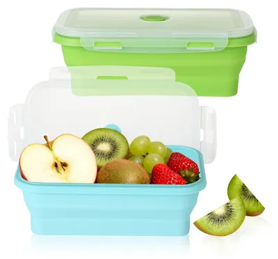 Produktbild von Faltbare Silikon-Lunchboxen, 2 Stück, 1200 ml, faltbar, Bento-Box, geeignet für Mikrowelle, Spülmaschine und Gefrierschrank – wiederverwendbare Silikon-Lunchbox, BPA-frei (16,5 x 10,9 x 6,5 cm)