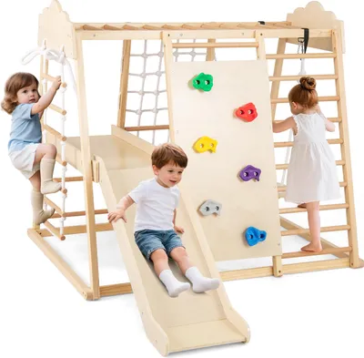 Image de COSTWAY Structure d'escalade, 8in1 Triangle d'escalade avec balançoire, filet à grimper, toboggan, rocher à grimper, perches de singe, échelle de corde&plateforme pour enfants 3+Nature