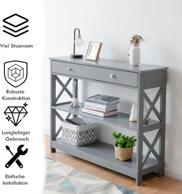 Obrázok produktu pre Konzolový stolík so zásuvkou, 3-úrovňový, drevený, 100x30x80 cm, sivý