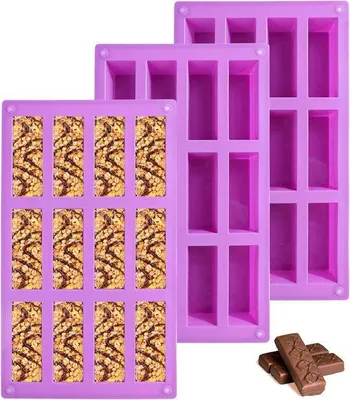 Productafbeelding van Siliconen portiebekers in een set van 12, voor vierkante chocoladevormen, geschikt voor het maken van energierepen met granola
