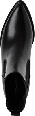 A top-down view of a black leather boot.