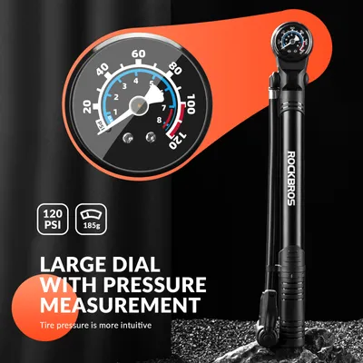 Produktbild von ROCKBROS Fahrradpumpe, Schwarz, Stand- & Handpumpe mit Manometer, 120 PSI, faltbar, aus Alu-Nylon. Maße: 4x31cm (kompakt), Höhe ausziehbar bis 39,5cm. Für Fahrräder, Bälle, Spielzeug & Presta/Schrader-Ventile, 185g.