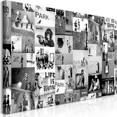 Produktbild von Wandbild Mega XXXL Banksy Collage 250x125 cm Einteiliger XXL-Format Kunstdruck zur Selbstmontage Leinwandbilder moderne Bilder DIY Wanddekoration Wohnung Deko Street Art Graffiti i-C-0181-ak-e