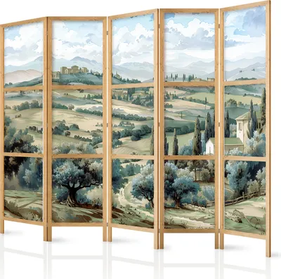 Produktbild von 5-teiliger Einseitiger Vlies Japanischer Paravent - Landscape with Green Fields and Trees - Tuscan sunny view. 225x172 cm Landschaften c-H-10043-bh-b