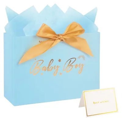 Productafbeelding van Geschenktas voor Baby jongen met kaart en zijdepapier 28×20×10 cm