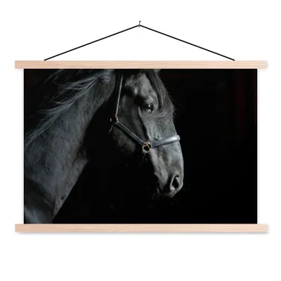 Produktbild von MuchoWow® Textilposter Pferd - Schwarz - Halfter 60x40 cm mit holzfarbenen Rahmen - Bilder