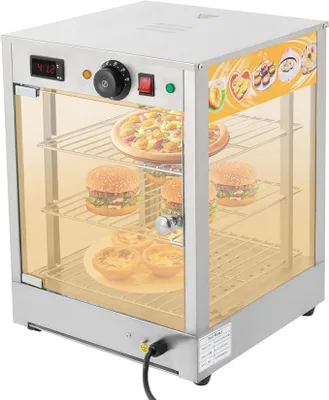 Produktbild von Elektrischer Warmhaltevitrine Kommerzieller 3-Etagen Heiße Theke Warmhaltevitrine Wärmetheke Edelstahl 86-185°F für Aufbewahrung Pizzen, Torten, Brathähnchen,Burgern, usw 220V 800W
