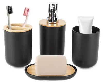 Productafbeelding van Set van 4 badkameraccessoires, zwart, bamboe