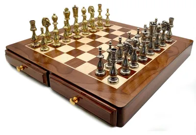 Produktbild von ITALFAMA SAMMLEREDITION: Arabesque-Schachfiguren (Messing/Nickel) + Holz-Schachbrett mit Schublade 46 cm