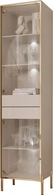 A tall, narrow display cabinet with glass doors and shelves, illuminated by internal lights.