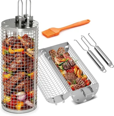 Produktbild von PromoHome® 2-teiliges rotierendes Grillkorb-Set mit abnehmbarem Edelstahlgriff - schwarz, für Gemüse, Fleisch und Meeresfrüchte