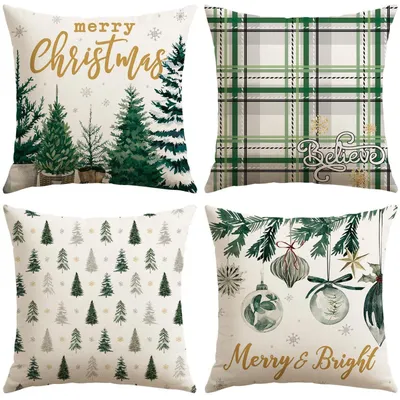 Produktbild von Kissenbezüge Weihnachten 4er Set 45x45 cm Weihnachtsbaum Beige Polyester-Leinen