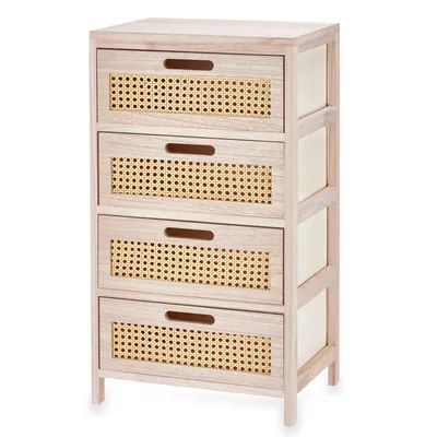 A light-colored wooden chest of drawers with four woven cane drawers.