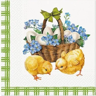 Produktbild von 20 Servietten Chicks with Basket - Küken an Korb mit Vergissmeinnicht 33x33cm