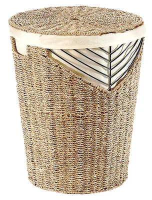 A woven laundry hamper with a lid.