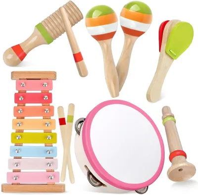 Image de Instruments de musique 6 en 1, xylophone, en bois, rose, pour tout-petits
