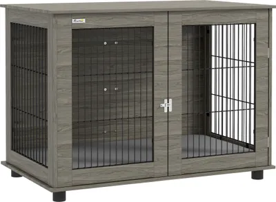 Image de Cage pour chien 2 en 1 table d'appoint avec coussin en peluche dšŠhoussable porte verrouillable 100 x 60 x 73,5 cm gris