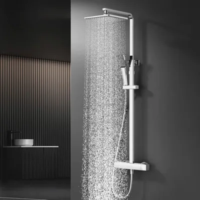 Produktbild von Duschsystem mit Thermostat Chrom, Duscharmatur Edelstahl Regendusche mit Armatur, Duscharmatur Komplettset mit Regendusche Duschkopf, Verstellbarer Duschstange, Duschset